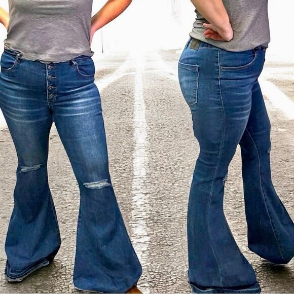 Lucky & Blessed Distressed Button Fly High Waist Mid Wash Flare Jeans NWT - Picture 3 of 15